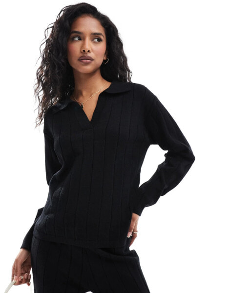 YAS wide rib knitted jumper co-ord with open polo neck in black