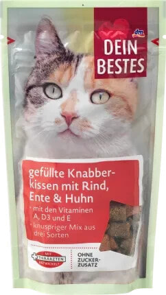 Katzenleckerli, gefüllte Knabberkissen mit Rind, Ente & Huhn, 65 g