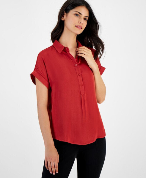 Women's Cuffed Short-Sleeve Collared Top