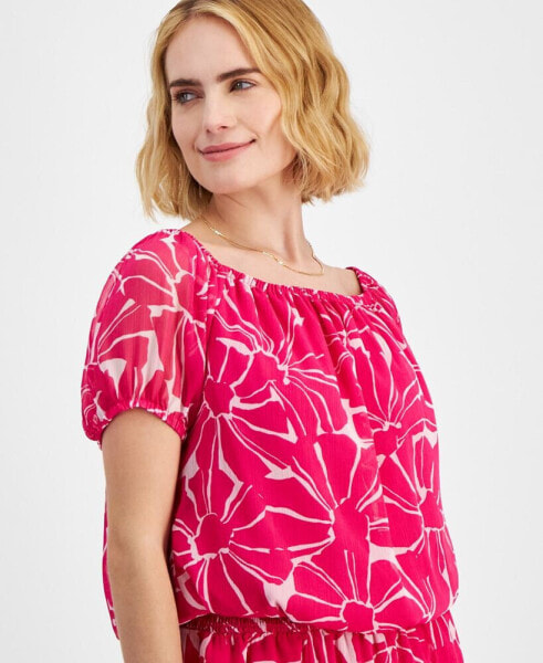 Petite Printed Puff-Sleeve Top, Created for Macy's