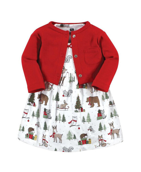 Toddler Girls Cotton Dress and Cardigan 2pc Set, Red Winter Forest