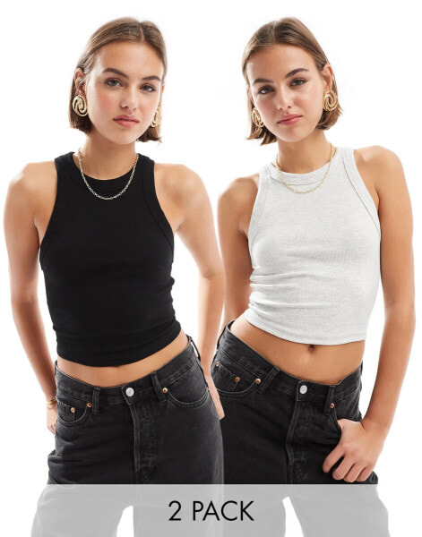 Bershka 2 pack racer neck top in black & grey