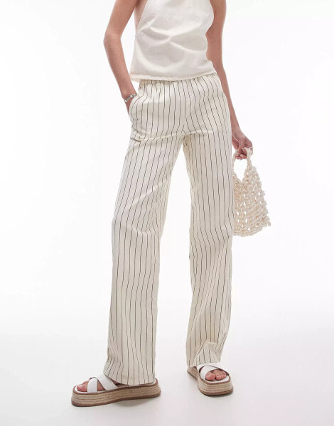 Topshop Tall stripe pull on straight leg trouser in ecru