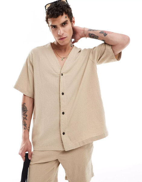 ADPT co-ord oversized baseball crinkle shirt in beige