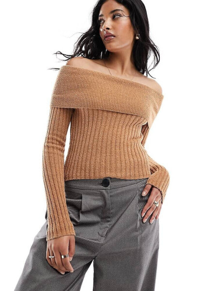 ASOS DESIGN knitted off shoulder bardot jumper in teddy yarn in tan