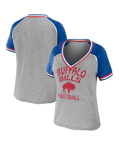 Women's Heather Gray Buffalo Bills Throwback Raglan V-Neck T-shirt