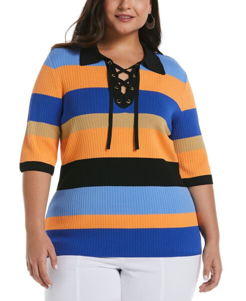 Plus Size Lace-Up Short Sleeve Polo Sweater