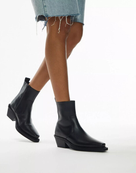 Topshop Lara leather western style ankle boot in black