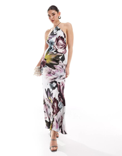 ASOS DESIGN satin halter maxi dress with shaped back detail in overscale floral print