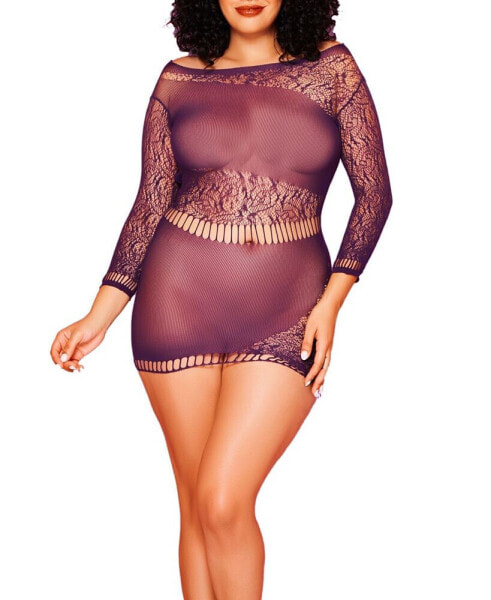 Комплект женского нижнего белья Hauty tory Plus Size Long Sleeve Knit Chemise with Asymmetrical Floral Pattern