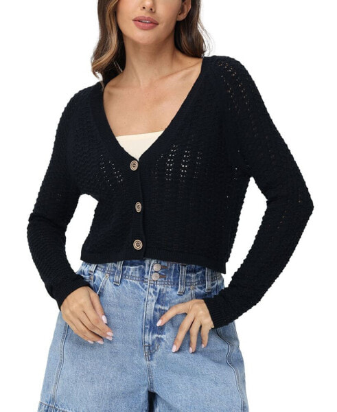 Women's Cotton Pointelle Cropped Cardigan