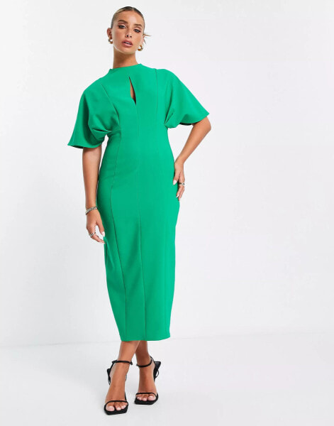 ASOS DESIGN angel sleeve keyhole front midi shift dress in pop green