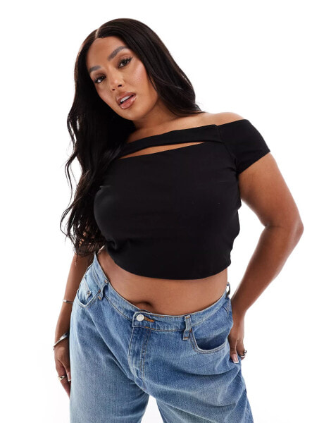 ASOS DESIGN Curve cut out bardot short sleeve crop top in black