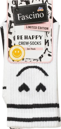 Crew Socken mit Smiley-Motiv weiß + schwarz Gr. 35-38, 2 St