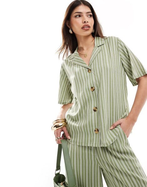 Wednesday's Girl striped linen shirt co-ord in sage green