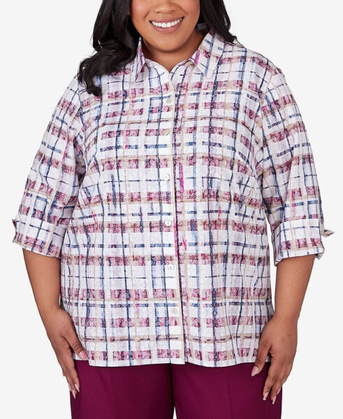 Plus Size Classic Plaid Cuffed Sleeve Button Front Top