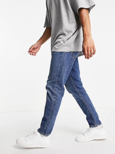 Selected Homme cotton slim tapered jeans in mid blue - MBLUE