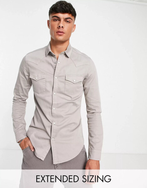 ASOS DESIGN skinny denim shirt in taupe