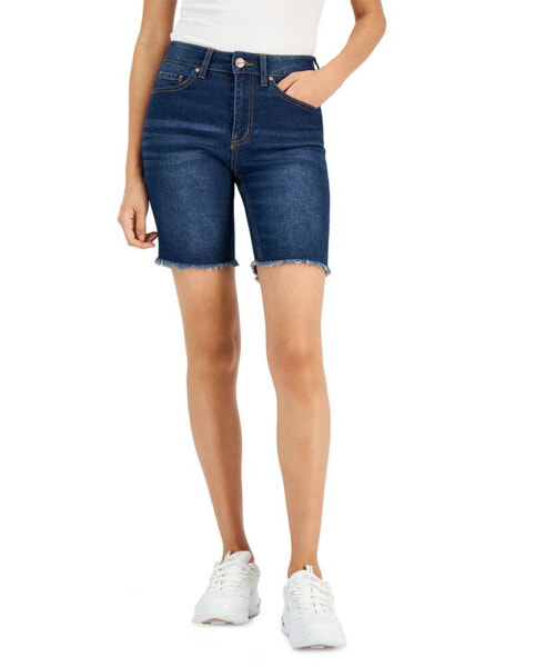 Juniors' Frayed High Rise Denim Bermuda Shorts