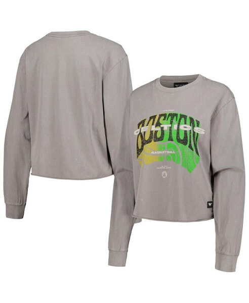 Women's Gray Distressed Boston Celtics Band Cropped Long Sleeve T-shirt