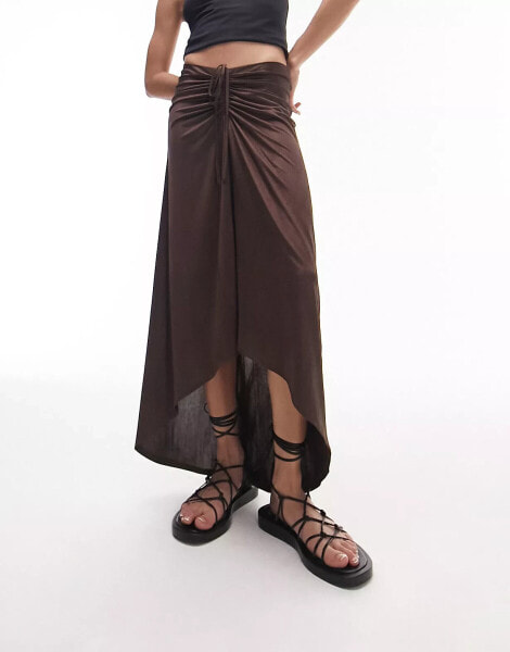 Topshop textured slinky ruched front jersey midi skirt in chocolate