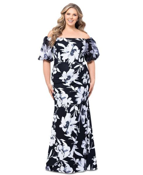 Plus Size Floral Balloon-Sleeve Off-The-Shoulder Gown