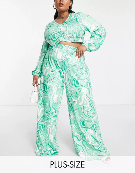 Collective the Label Curve exclusive trouser co-ord in green swirl print