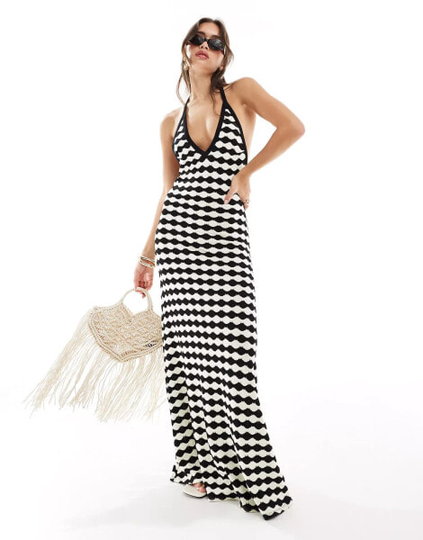 ASOS DESIGN halter neck crochet maxi dress in mono print