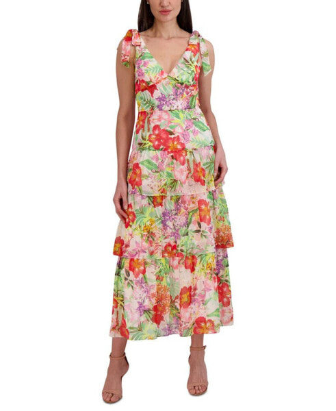 Woman's Printed V-Neck Tie-Straps Tiered Dress