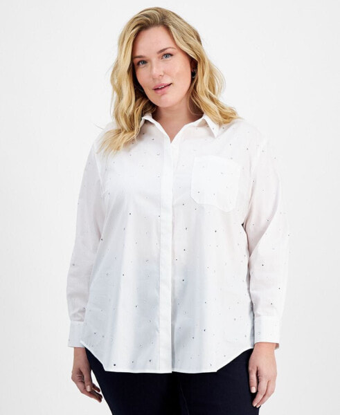 Plus Size Embellished Cotton Shirt, Created for Macy's