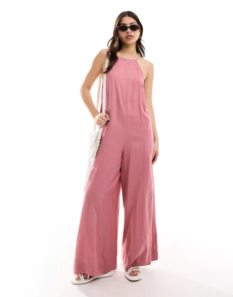 ASOS DESIGN racer neck Crosshatch linen jumpsuit in dusty rose