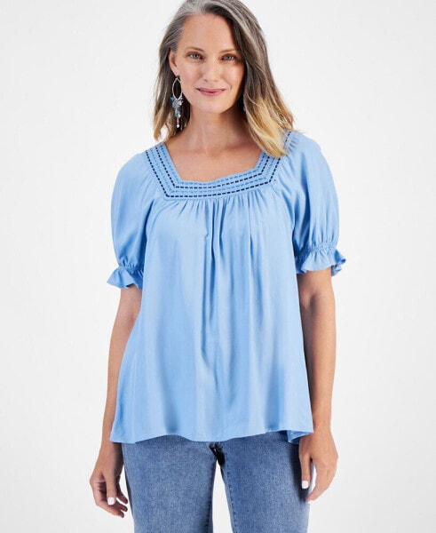 Petite Crocheted Square-Neck Ruffled-Cuff Top, Created for Macy's