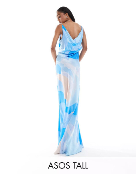 ASOS DESIGN Tall satin square neck maxi dress with cowl back detail in blue abstract print