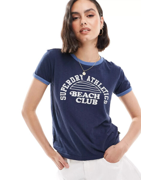 Superdry Athletic essentials beach graphic ringer t-shirt in richest navy