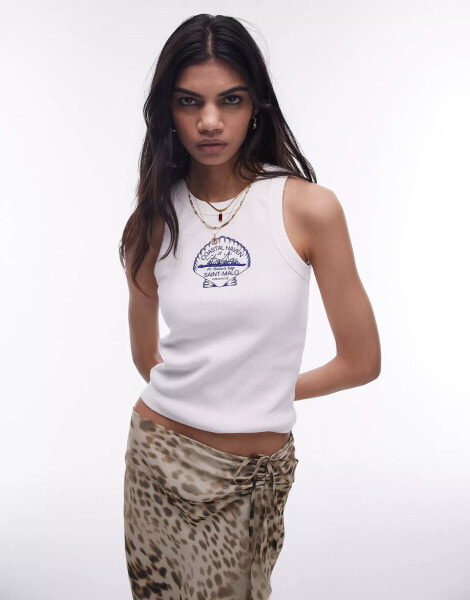 Topshop graphic embroidered shell tank top in white