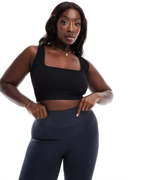 ASOS 4505 Curve Icon mid impact seamless rib sports bra with square neck in black