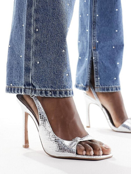 ASOS DESIGN Netty mini buckle detail barely there heeled sandals in silver