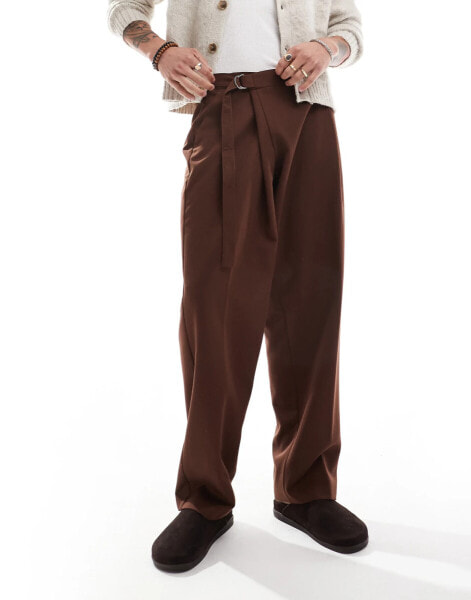 ASOS DESIGN smart wide leg trousers with crossover side belt in brown