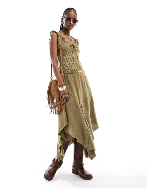 Reclaimed Vintage western milkmaid twill midi dress in washed khaki