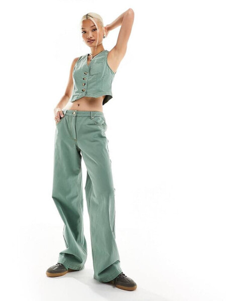 Something New X Chloe Frater straight leg baggy jeans co-ord in washed watercress green 