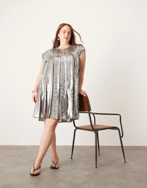 ASOS EDITION Curve embellished allover sequin pleat trapeze mini dress in grey