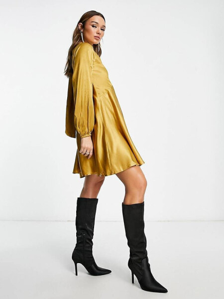 River Island tie back swing mini dress in gold satin