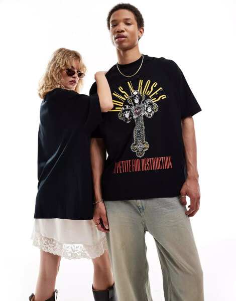 ASOS DESIGN unisex oversized raglan t-shirt with Guns N' Roses band print in black