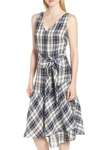 NORDSTROM SIGNATURE Faux Wrap Plaid Dress Sz. 12 (Navy/White) 151941