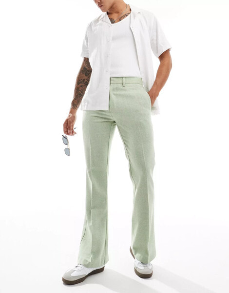 ASOS DESIGN smart flare wool mix trousers in sage green herringbone