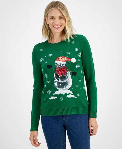 Women's Sequined Snowman Crewneck Sweater, Created for Macy's