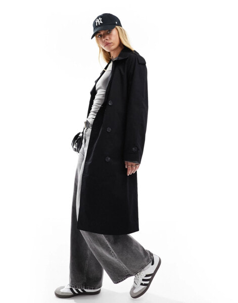 Bershka longline trench coat in black