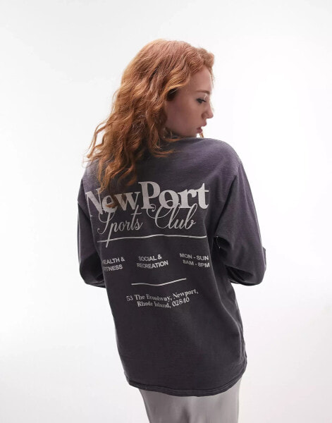 Topshop graphic new port long sleeve skater tee in Slate