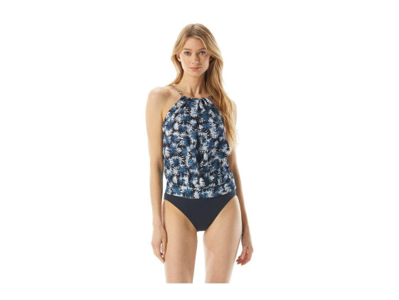 Michael Kors Palm Mix Blouson High Neck Tankini Top New Navy Size MD