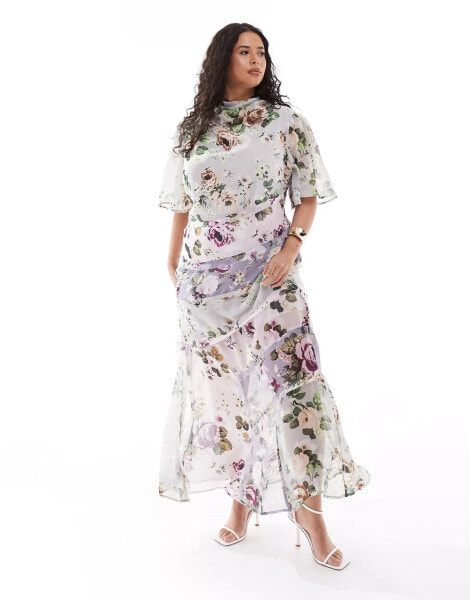 ASOS DESIGN Curve high neck 3/4 sleeve split midi dress in lilac floral print